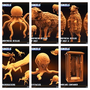 Op de afbeelding: Een verzameling oranje 3D-geprinte fantasiefiguren en objecten. De afbeelding bevat een octopusachtig wezen, een schaapachtig wezen en een container. Tekst op de afbeelding bevat "SIKELS", "ANOHYNCHA OCELLUS", "BLOODSUCKERS" en "EYETACLES".