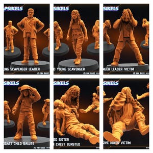 Può includere: Sei miniature dipinte in arancione e marrone, che rappresentano personaggi di un film horror. Le miniature sono in varie pose d'azione, tra cui una giovane donna con un bambino, una donna con il petto insanguinato e un uomo con la testa tra le mani. Le miniature sono su basi da 25 mm.