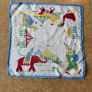 Vintage 1940s Novelty Print Child’s Cotton Handkerchief with Circus Design