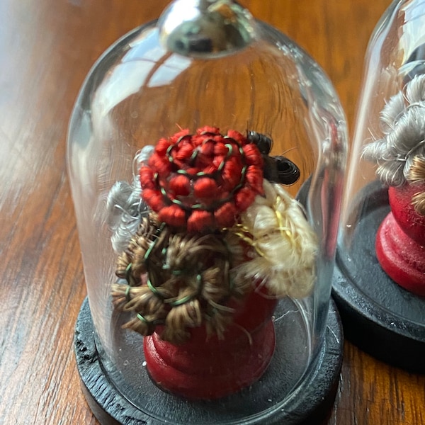 Human Hair Flower Bouquet under Miniature Glass Dome. Yuletide Edition