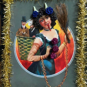 Reproduction Victorian “Lady Krampus” print decorated with Victorian inspired human hair work.
