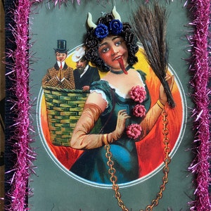 Reproduction Victorian “Lady Krampus” print decorated with Victorian inspired human hair work.