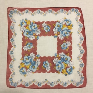 Vintage 1940d Novelty Print Floral hankie Handkerchief Hanky