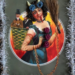 Reproduction Victorian “Lady Krampus” print decorated with Victorian inspired human hair work.