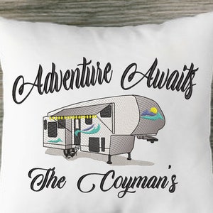 5th Wheel Camper w/Adventure Awaits Embroidery Design (Font for name not included)- Available Sizes 8x12 6x10 5x7 INSTANT DIGITAL DOWNLOAD