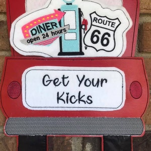 In The Hoop Red Truck Route 66 Add-On Embroidery Design (truck not included)- Available Sizes 8x12 6x10 5x7 INSTANT DIGITAL DOWNLOAD