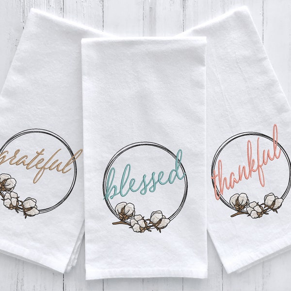 Blessed, Grateful and Thankful Cotton Wreath Farmhouse Embroidery design set- Sizes available 8x12 6x10 5x7 and 4x4 INSTANT DIGITAL DOWNLOAD