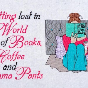 Girl Reading in Bed- Getting lost in a world of books- Bundle set - Reading Pillow Embroidery 5x7 & 4x4 Design and saying- INSTANT DOWNLOAD