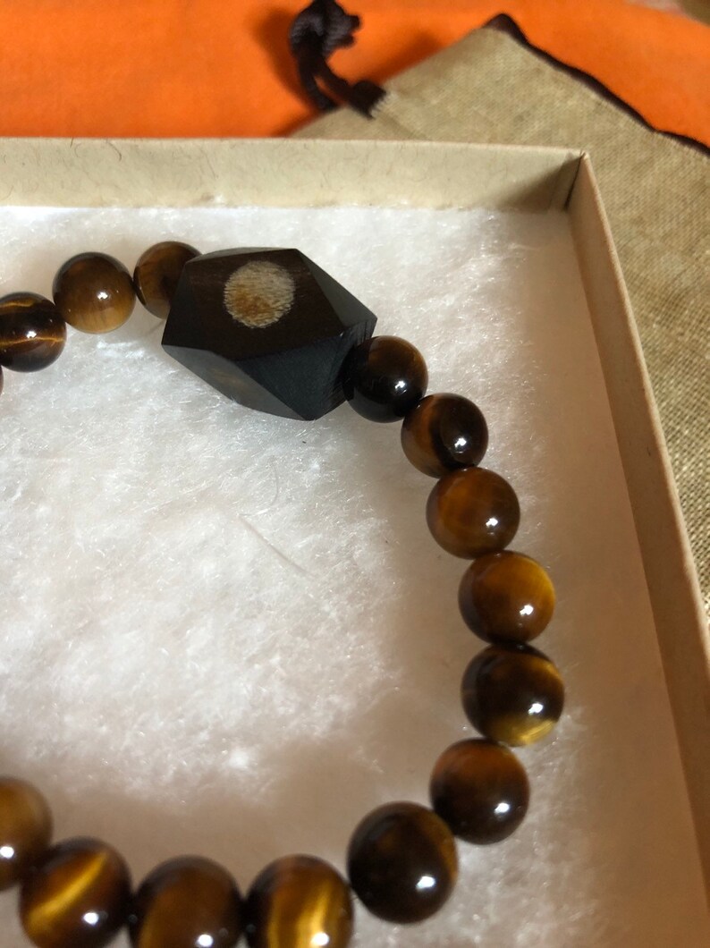 Tigers Eye Bracelet wHexagon Dyed Bone Center.