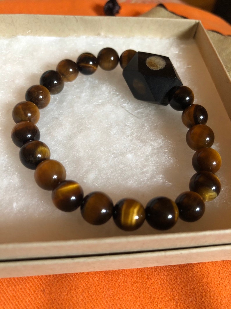 Tigers Eye Bracelet wHexagon Dyed Bone Center.
