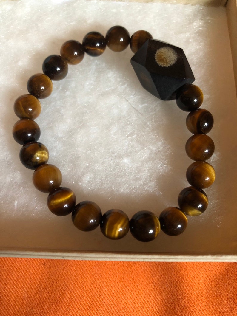 Tigers Eye Bracelet wHexagon Dyed Bone Center.