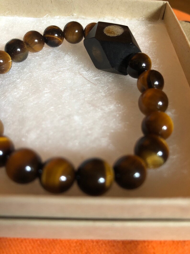 Tigers Eye Bracelet wHexagon Dyed Bone Center.