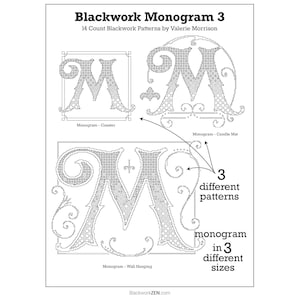 Può includere: Monogramma Blackwork 3: Un modello digitale per un monogramma in tre diverse dimensioni, tra cui un sottobicchiere, un sottopentola per candele e un'appendice da parete. Il modello presenta una lettera M stilizzata con dettagli intricati.