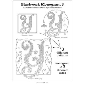 Könnte beinhalten: Blackwork Monogramm 3: Eine Schwarzweiß-Zeichnung des Buchstabens "J" in drei verschiedenen Größen. Das Design ist ein 14-Zähl-Blackwork-Muster. Der Text "Blackwork Monogram 3" und "14 Count Blackwork Patterns by Valerie Morrison" befindet sich oben im Bild. Der Text "Monogram - Coaster", "Monogram - Candle Mat" und "Monogram - Wall Hanging" befindet sich unterhalb jedes Designs.