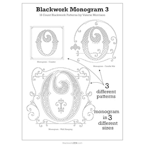 Könnte beinhalten: Blackwork Monogramm 3 Musterbogen mit drei verschiedenen Mustern des Buchstabens "O" in drei Größen. Die Muster sind für einen Untersetzer, eine Kerzenmatte und einen Wandbehang gekennzeichnet. Der Text lautet "14 Count Blackwork Patterns by Valerie Morrison."