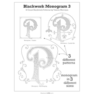 Puede incluir: Monograma Blackwork 3, un patrón digital para punto de cruz, muestra la letra P en tres tamaños diferentes. El patrón está disponible como posavasos, tapete para velas y decoración de pared.