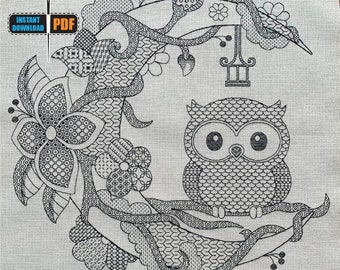 Moon Owl 14 Count Blackwork Pattern, Needlework Flowers, Moon, Owl, Vines