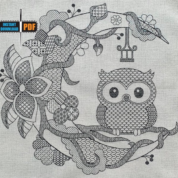 Moon Owl 14 Count Blackwork Pattern, Needlework Flowers, Moon, Owl, Vines