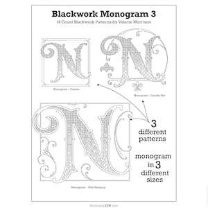 May include: Blackwork embroidery pattern for the letter N in three different sizes. The pattern is shown as a coaster, candle mat, and wall hanging.