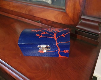 Handpainted Blue and Red Trinket Box, Wooden Keepsake and Memory Box