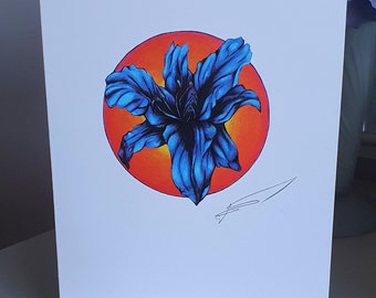 Blue Flower Single Rectangular Greetings Card, Floral Lily Art Card, Botanical Painting