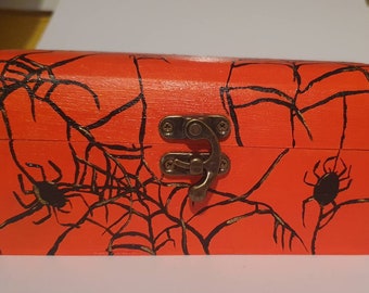 Handpainted Halloween Spiders Web Jewellery and memory Trinket box, Orange wood box, Pirate chest,Handpainted Wooden Box