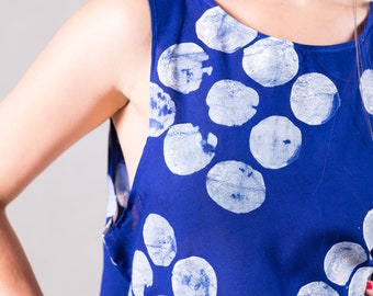 Hand dyed and printed indigo Top