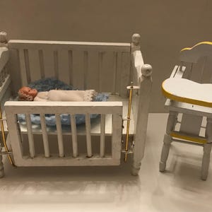 Dollhouse White Crib, High Chair, Thread Wrapped Bendable Baby Doll.