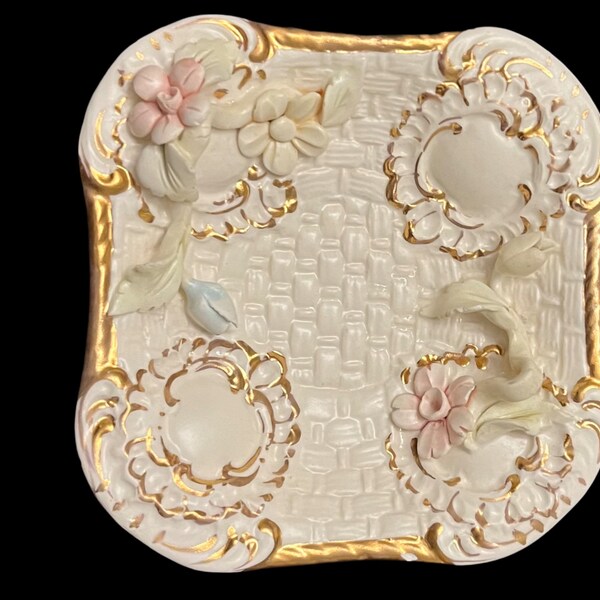 Gold Trim Italy Porcelain Basket Weave Dish/Trinket Dish with Stunning Little Flowers.