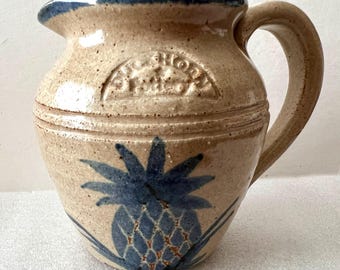 Pottery Stoneware Pitcher 4 1/2” tall Blue Pineapple Design.