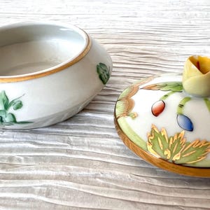 Herend Porcelain Hand Painted and Hand Made Bonbonniere Lid and Green Floral Dish - As Is.