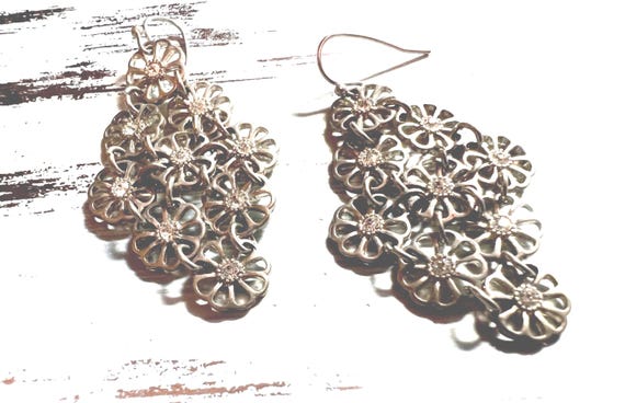 Silvertone - Rhinestone Flower Dangle Earrings - image 1