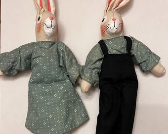 Vintage Hand Made and Decorated “Stitch & Sew” Boy and Girl Bunnies 11” tall.