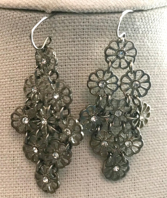 Silvertone - Rhinestone Flower Dangle Earrings - image 2