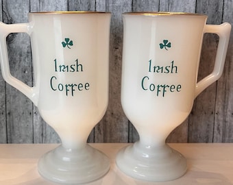 Vintage Milk Glass Irish Coffee Pedestal Mug Gold Trimmed