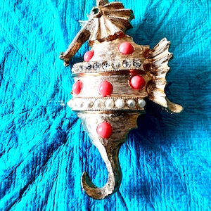 Sea Horse Gold-Tone “Pearl”  “Coral Beads” and Rhinestones