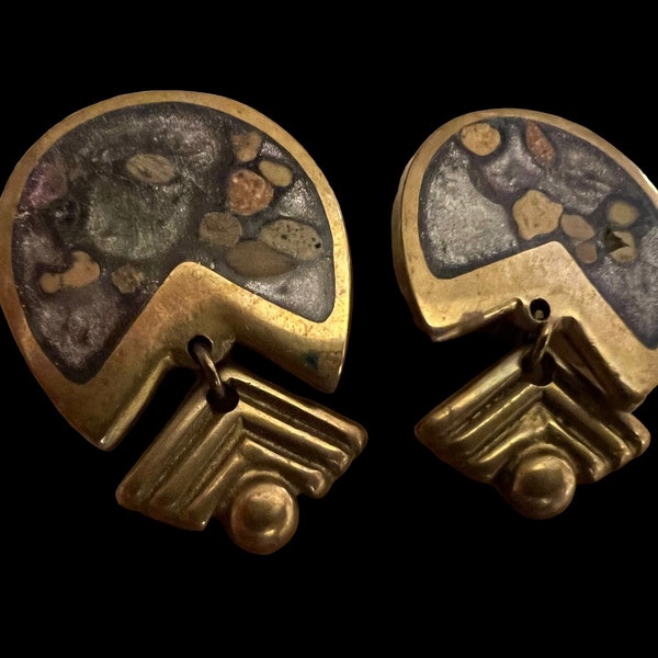 Retro Modernistic Brass Clip-On Earrings
