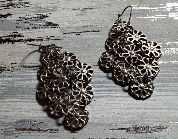 Silvertone - Rhinestone Flower Dangle Earrings - image 3