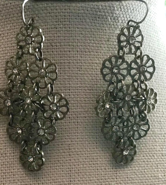 Silvertone - Rhinestone Flower Dangle Earrings - image 5
