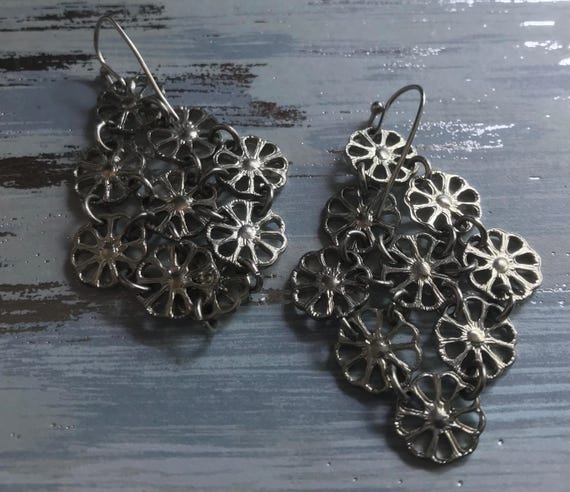 Silvertone - Rhinestone Flower Dangle Earrings - image 4