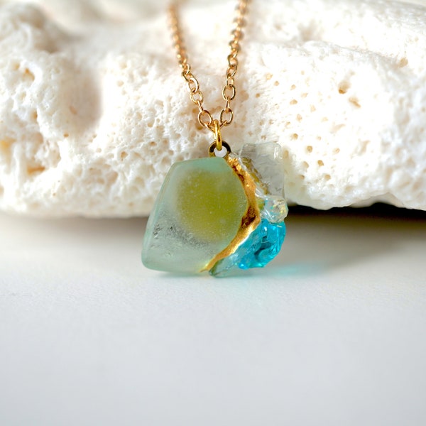 Seaglass& "RYUKYU glass"(from Okinawa) necklace.The traditional Japanese technique of Kintsugi.made in Japan.contemporary.eco friendly