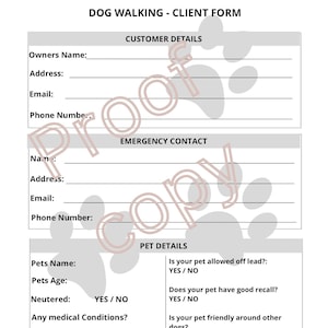 Modulo cliente dog sitter / Foglio informativo aziendale dog sitter / Modulo lista di controllo cliente dog sitter / Download digitale istantaneo / Nessun limite