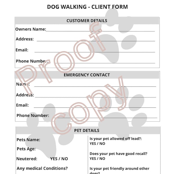 Dog Walking Client Form / Dog Walking Business Information Sheet / Dog Walker Client Checklist Form / Instant Digital Download / No limit
