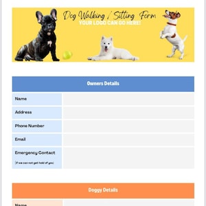 Dog sitter / Dog Walking Business / Modulo di consenso del cliente dog sitter contratto / Download istantaneo / Aggiungi il tuo logo / Modifiche disponibili