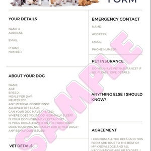 Dog Sitting Form / Dog Boarding Form / Pet Sitting Form / Pet Sitter notes / Dog Sitter notes / Contract / Client Form / Instant Download
