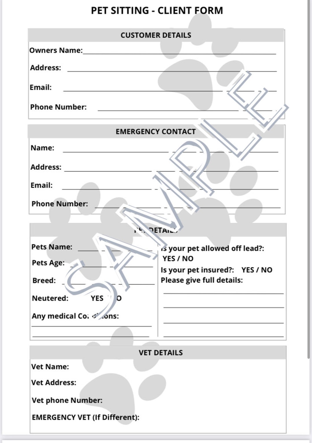 Pet Sitting / Dog Sitting Client Consent Form Notes Contract for Client
