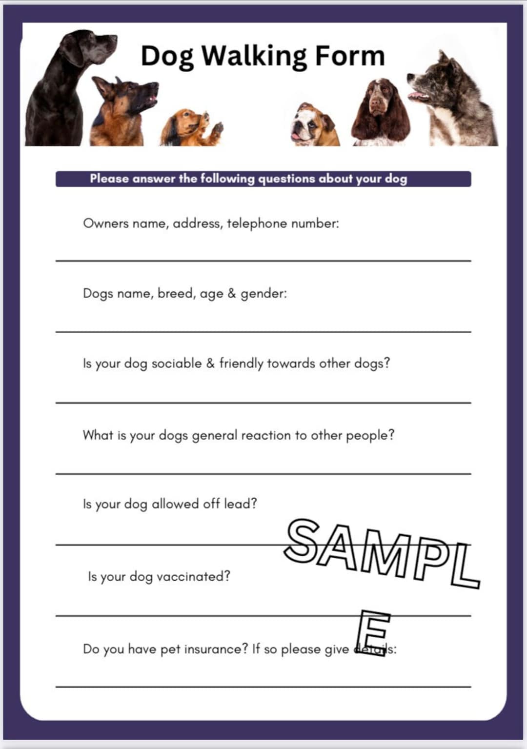 Dog Walking Client Form Dog Walker Information Sheet Client Checklist