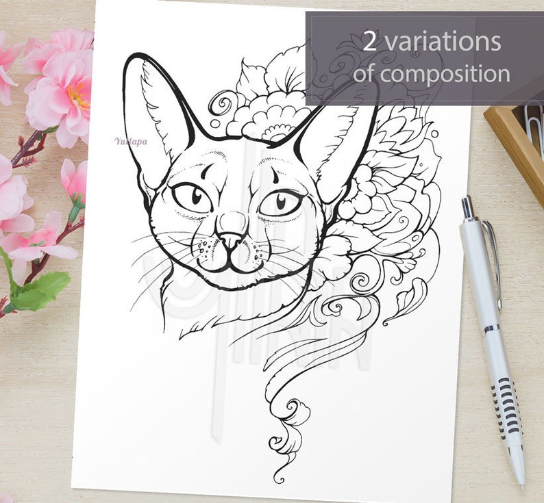 Download Abyssinian Cat Coloring page with cat on floral background | Etsy