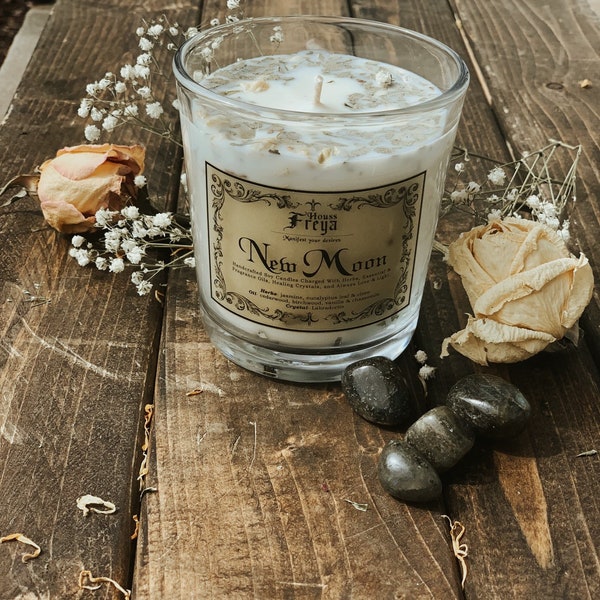 New Moon Intention Candle w/ labradorite/ Crystal Manifestation Candle/ Herbal Intention Candle/ Gift for Her /Bridal Gift
