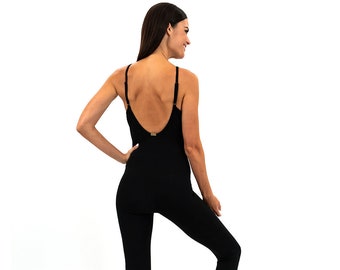 Yoga Dance Workout Casual Black Jumpsuit Bodysuit Unitard Tank One Piece with Bra For Women Gifts for Yoga Teacher Instructor